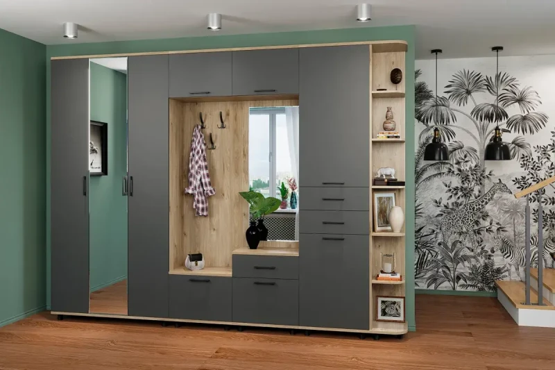 Прихожая Грейс комплект 5 (Гикори Джексон Светлый/Антрацит Матовый) — Мебель-центр Озерцо