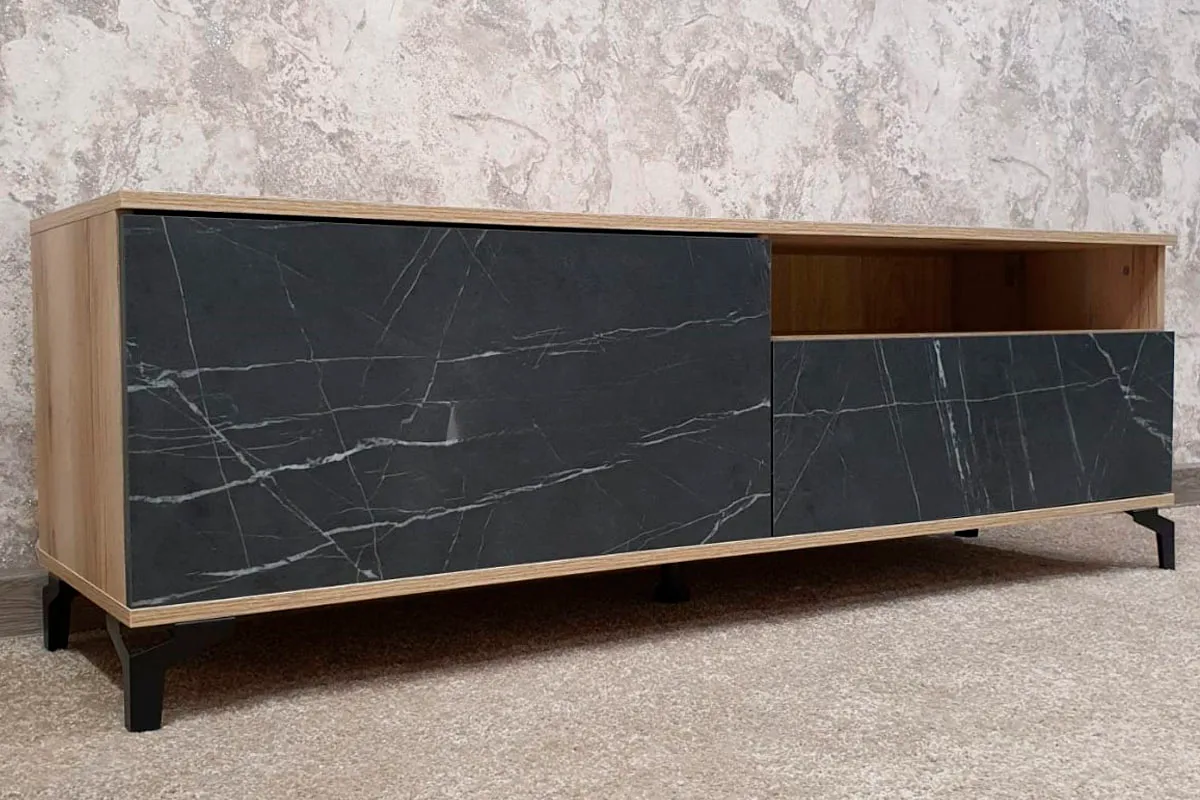 Тумба для ТВ Луксор-2 (Дуб Делано светлый/Камень Пьетра черный) — Мебель-центр Озерцо