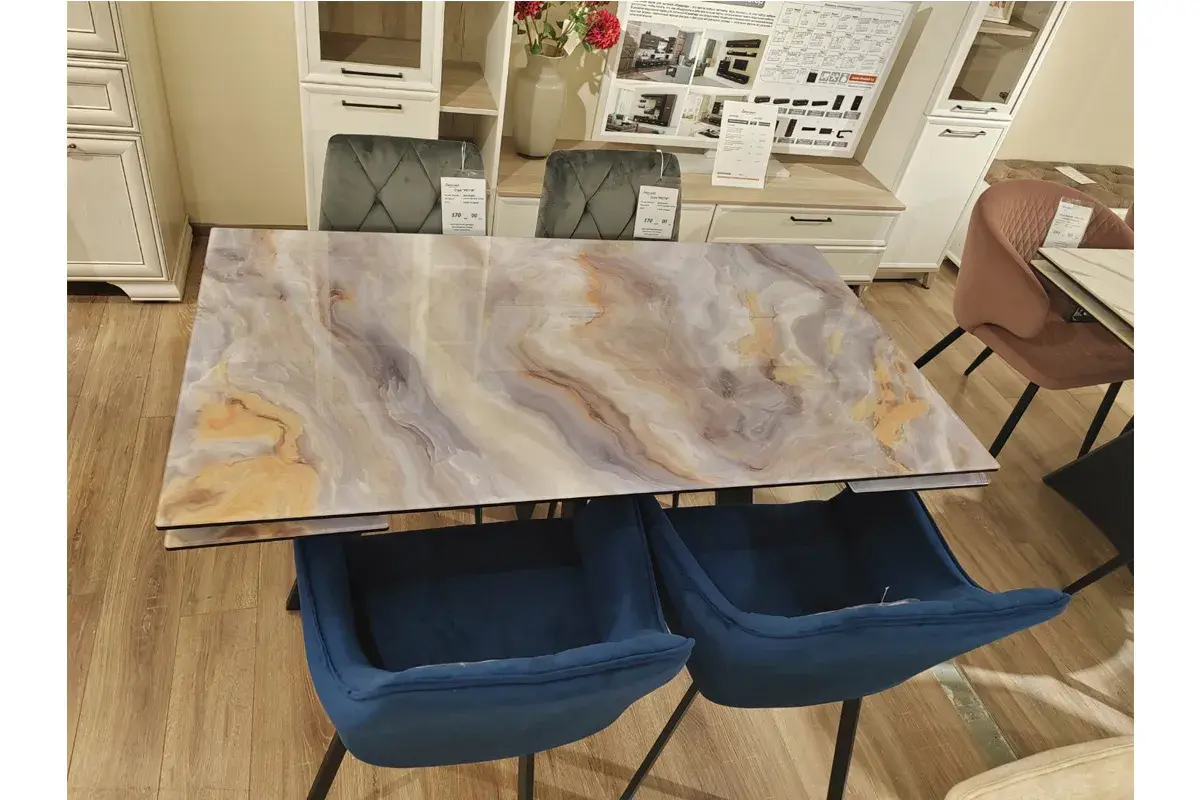 Стол обеденный Нео-2 1400(2000) (ст. №2/Стекло Оптивайт с фотопечатью Кианит/МДФ черный кварц/Черная/Металл черный) - купить в Озерце