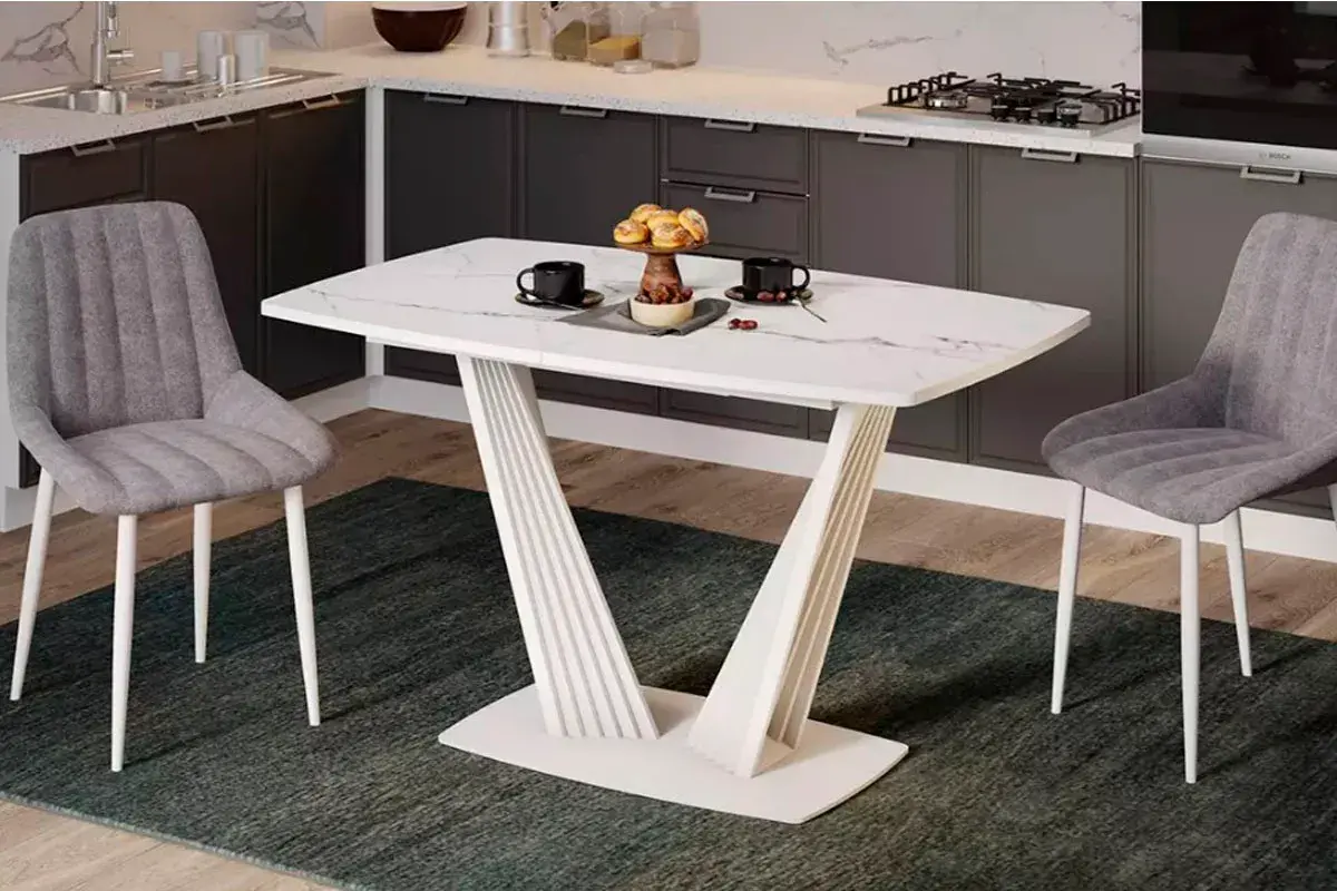 Стол раздвижной Тип 1 Фабио (Белый матовый/Стекло матовое белый мрамор) - купить в Озерце