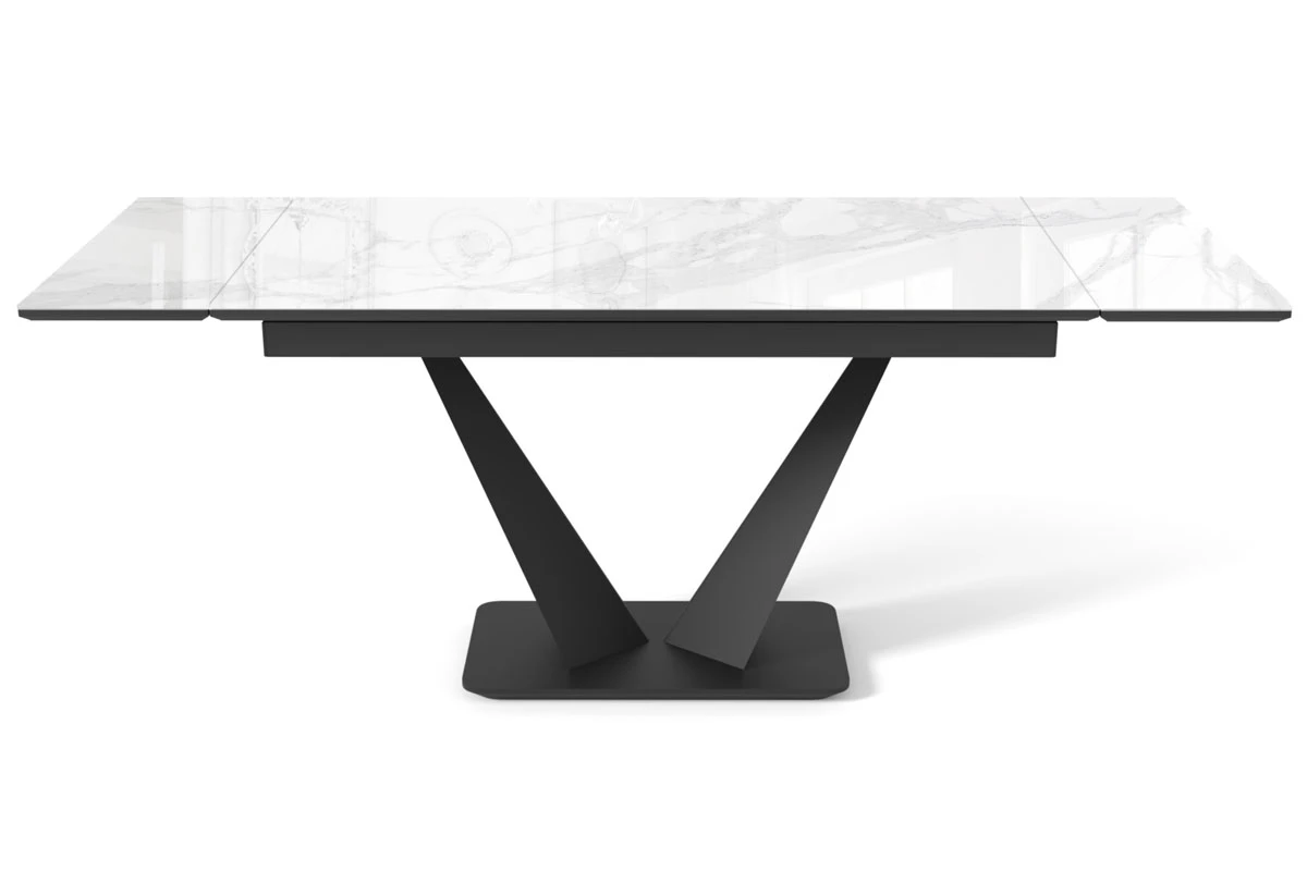 Стол обеденный Ниагара 1400(2000) (Стекло Оптивайт с фотопечатью Белый Мрамор/МДФ Черный кварц /Рама черная/Металл черный) - купить в Озерце