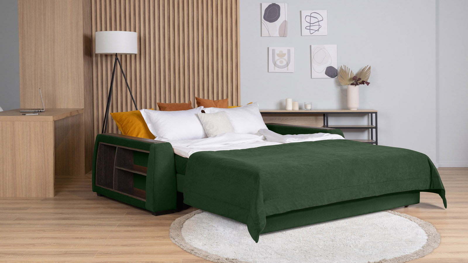 Диван - кровать Domo Pro с полками цвета венге, стежка квадрат, ткань Casanova Grass 160x216 — в мебель-центре Озерцо