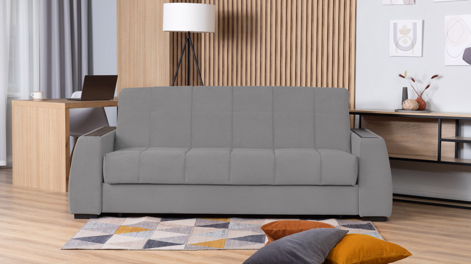 Диван - кровать Domo Pro с полками цвета венге, стежка квадрат, ткань Sky Velvet 08 140x216 — в мебель-центре Озерцо