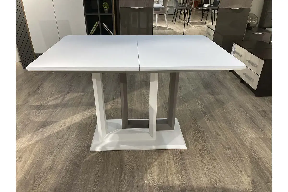 Стол обеденный Тетрис 1200(1600) (Белая шагрень / рама серая / 1 нога - белая шагрень, 2 нога - грей / Белая шагрень) - купить в Озерце
