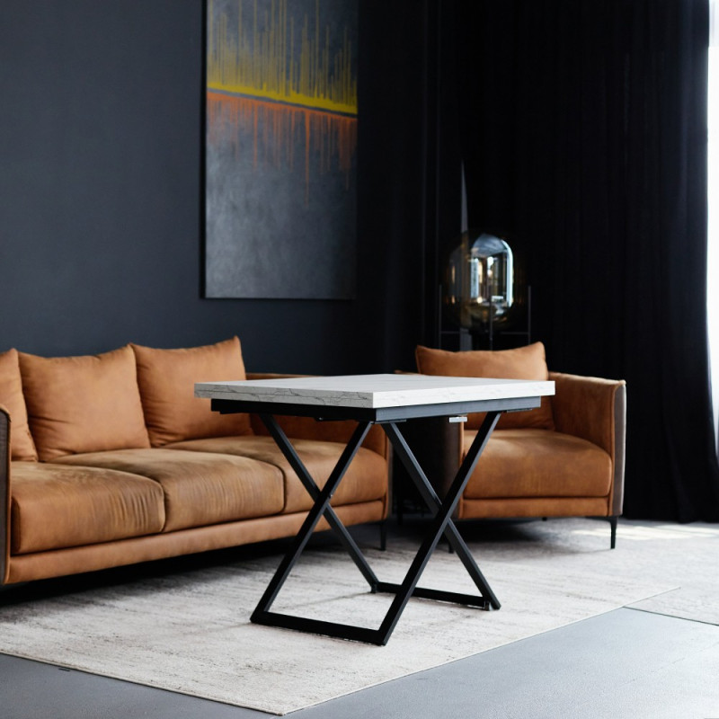 Стол-трансформер COMPACT белый мрамор/черное подстолье - купить в Минске в мебель-центре Озерцо Стол-трансформер COMPACT белый мрамор/черное подстолье - купить в Озерце