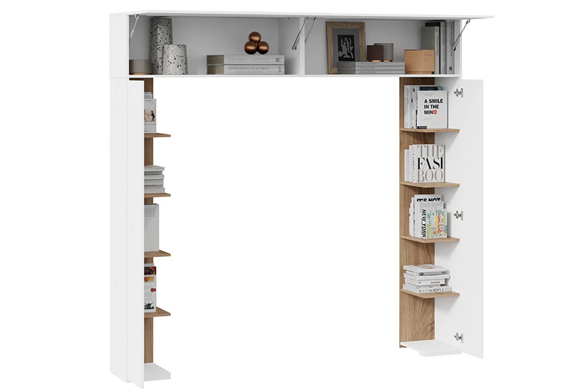 Шкаф навесной со стеллажами Порто СМ-393.21.022 (Белый жемчуг/Яблоня беллуно/Белый софт) в мебель-центре Озерцо