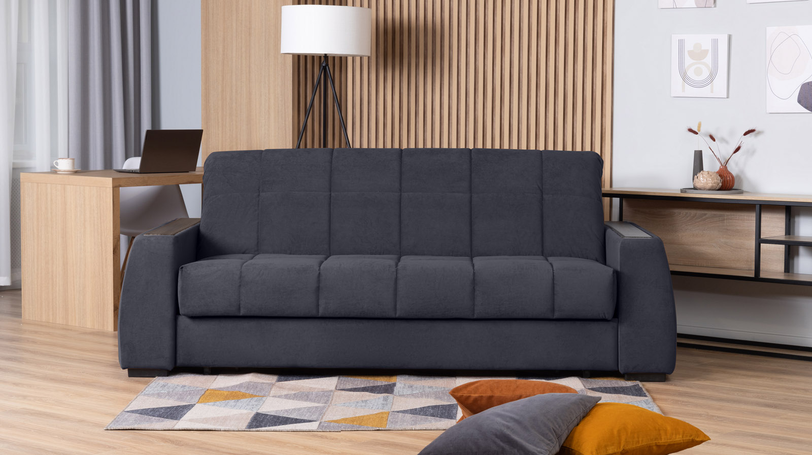 Диван - кровать Domo Pro с полками цвета венге, стежка квадрат, ткань Sky Velvet 40 160x216 — в мебель-центре Озерцо