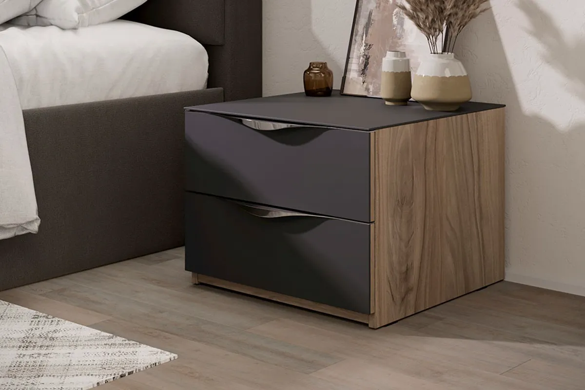 Тумба прикроватная с 2 ящиками Глосс ТД-319.03.01 (Яблоня Беллуно/Cтекло/Графит матовый) — Мебель-центр Озерцо