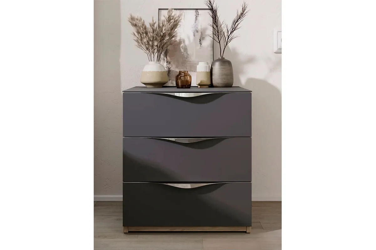 Тумба прикроватная с 3 ящиками Глосс ТД-319.03.02 (Яблоня Беллуно/Cтекло/Графит матовый) — Мебель-центр Озерцо