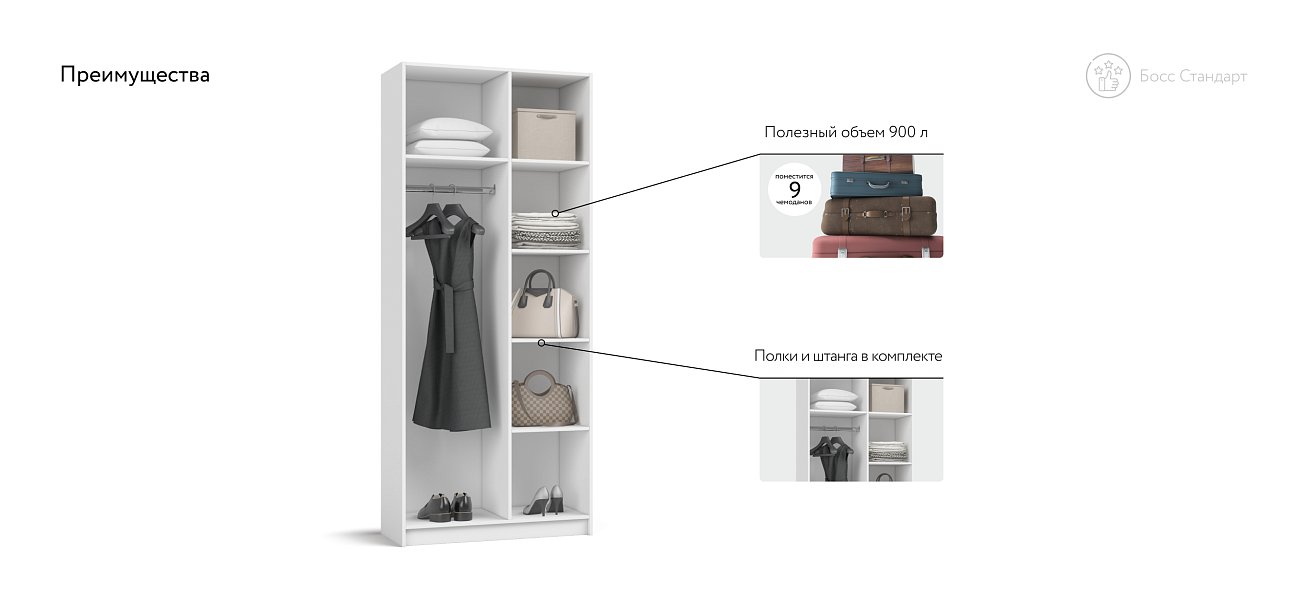 Босс Стандарт 90*220 шкаф распашной 2Д 01 Белый в мебель-центре Озерцо