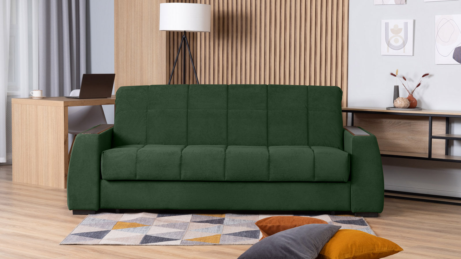 Диван - кровать Domo Pro с полками цвета венге, стежка квадрат, ткань Casanova Grass 160x216 — в мебель-центре Озерцо