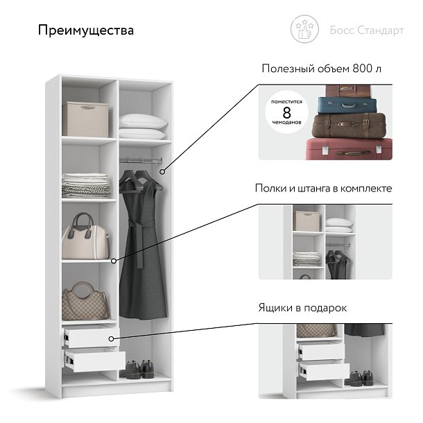 Босс Стандарт 80*220 шкаф распашной 2Д + ящики Белый в мебель-центре Озерцо