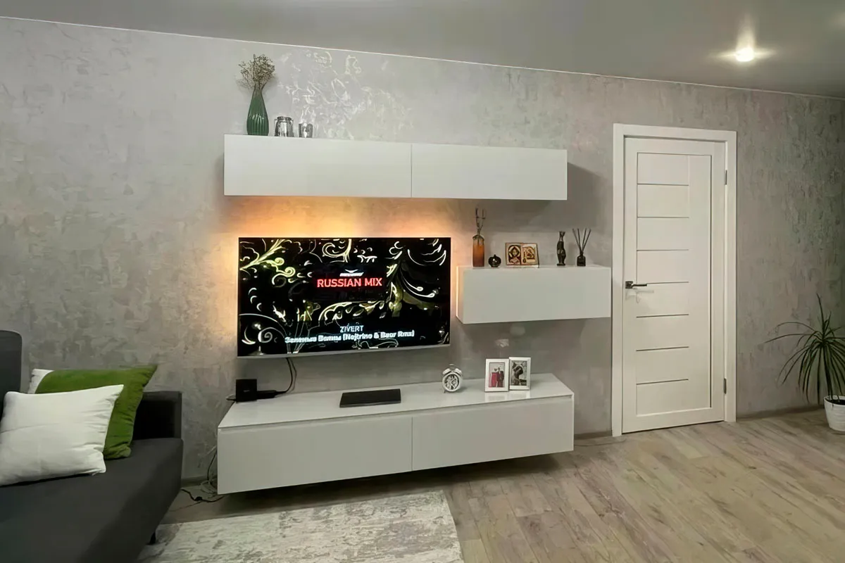 Модульная гостиная Глосс №5 (Белый глянец/Стекло/Белый глянец) — Мебель-центр Озерцо