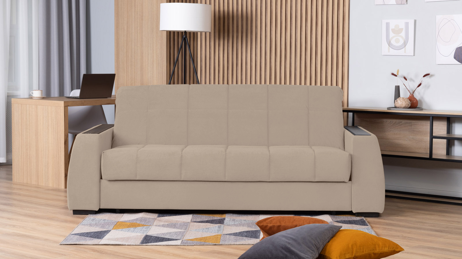 Диван - кровать Domo Pro с полками цвета венге, стежка квадрат, ткань Sky Velvet 03 160x216 — в мебель-центре Озерцо