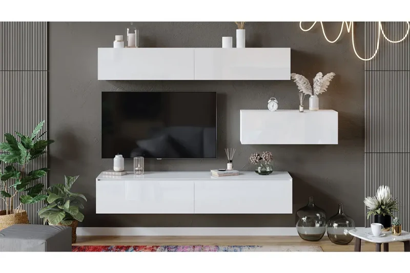 Модульная гостиная Глосс №5 (Белый глянец/Стекло/Белый глянец) — Мебель-центр Озерцо