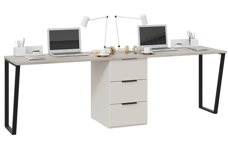 Комплект столов письменных Порто СМ-393.15.013 с 1 универсальной тумбой (Кашемир матовый / Баттл рок / Кашемир сатин) — Мебель-центр Озерцо