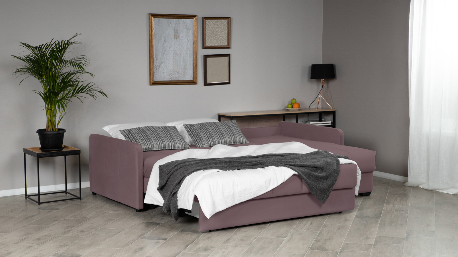 Диван угловой Domo Pro с узкими подлокотниками, стежка квадрат, ткань Casanova Lilac 140x216 — купить в Озерце