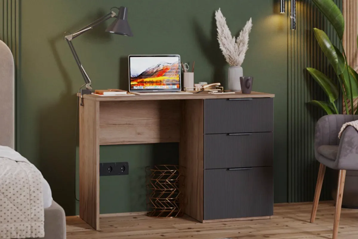 Стол письменный Графит (Дуб Крафт Табачный/Холст Вулкан) — Мебель-центр Озерцо