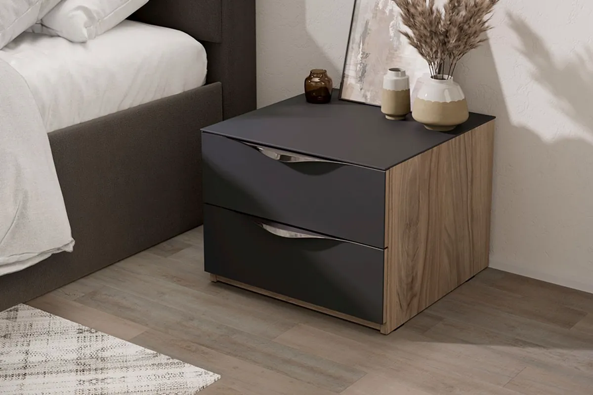 Тумба прикроватная с 2 ящиками Глосс ТД-319.03.01 (Яблоня Беллуно/Cтекло/Графит матовый) — Мебель-центр Озерцо