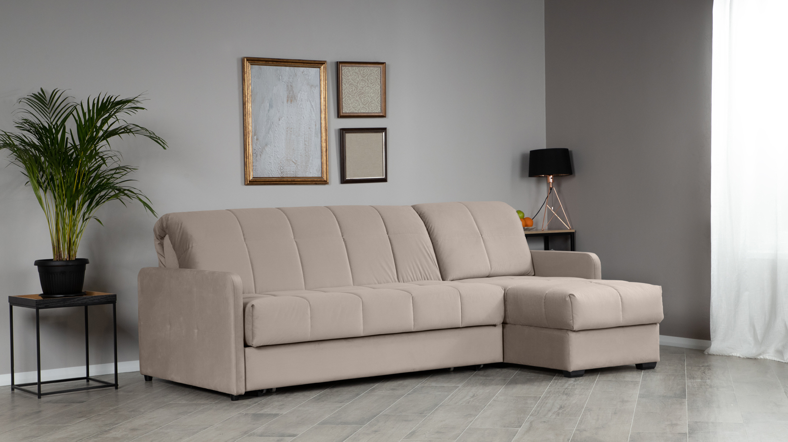 Диван угловой Domo Pro с узкими подлокотниками, стежка квадрат, ткань Sky Velvet 03 160x216 — купить в Озерце