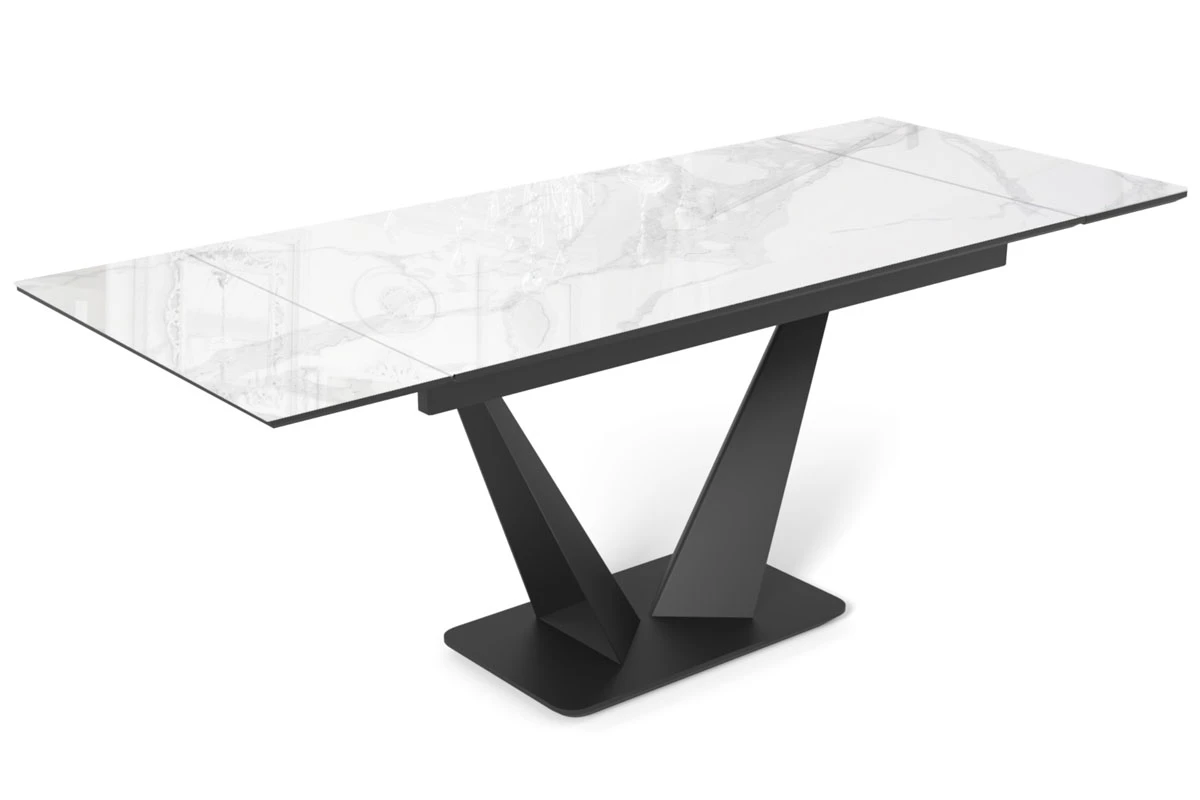 Стол обеденный Ниагара 1400(2000) (Стекло Оптивайт с фотопечатью Белый Мрамор/МДФ Черный кварц /Рама черная/Металл черный) - купить в Озерце