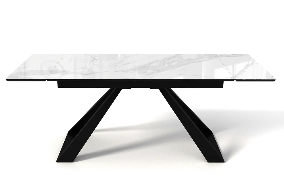 Стол обеденный Старк 1600(2200) (ст.№2/Стекло с фотопечатью Белый мрамор/МДФ Черный кварц/Металл Черный) - купить в Озерце