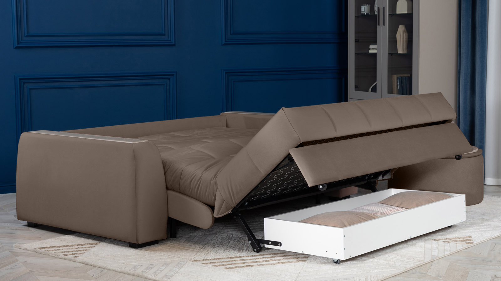 Диван - кровать Domo Pro с накладкой цвета ясень, стежка квадрат, ткань Sky Velvet 02 160x216 — в мебель-центре Озерцо