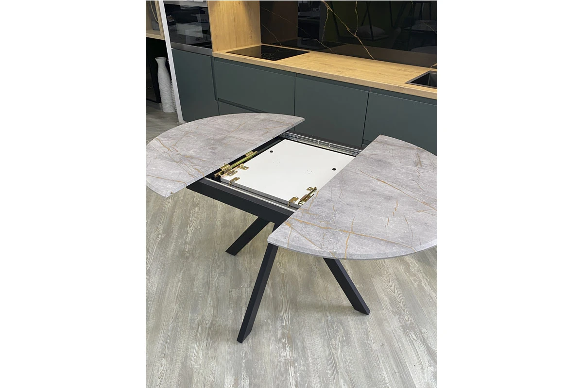 Стол обеденный Москва (d 1000/вставка 400/Бабочка/МДФ Византийский Мрамор/Металл черный) - купить в Озерце