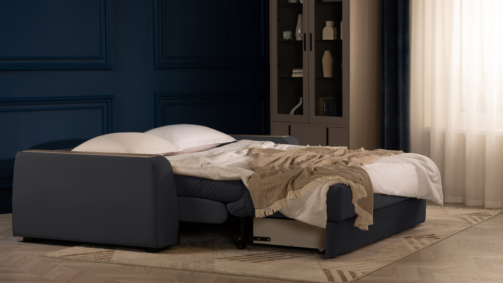 Диван - кровать Domo Pro с накладкой цвета венге, стежка квадрат, ткань Sky Velvet 38 180x216 — в мебель-центре Озерцо