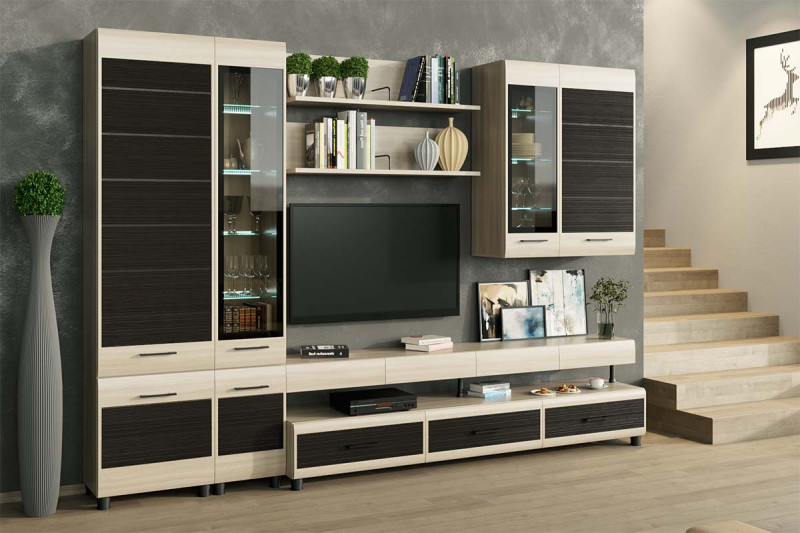 Гостиная Камелия (Ясень Асахи комбинированный) — Мебель-центр Озерцо