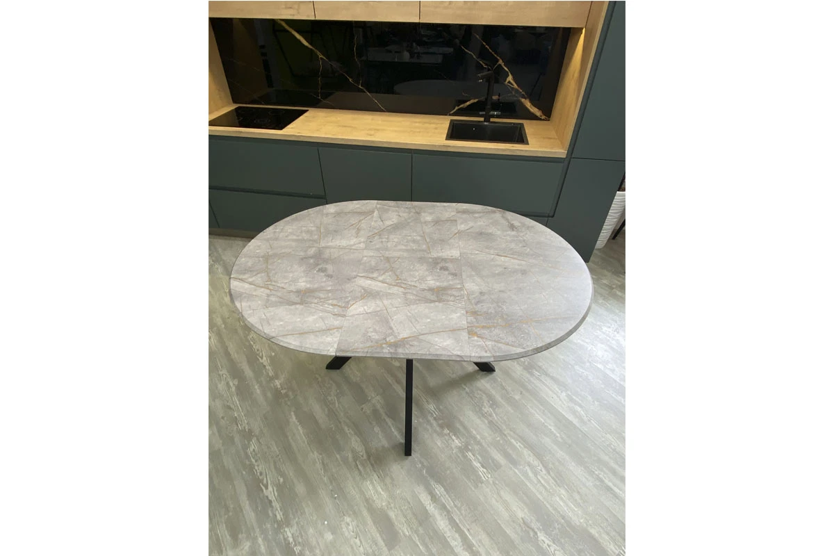 Стол обеденный Москва (d 1000/вставка 400/Бабочка/МДФ Византийский Мрамор/Металл черный) - купить в Озерце