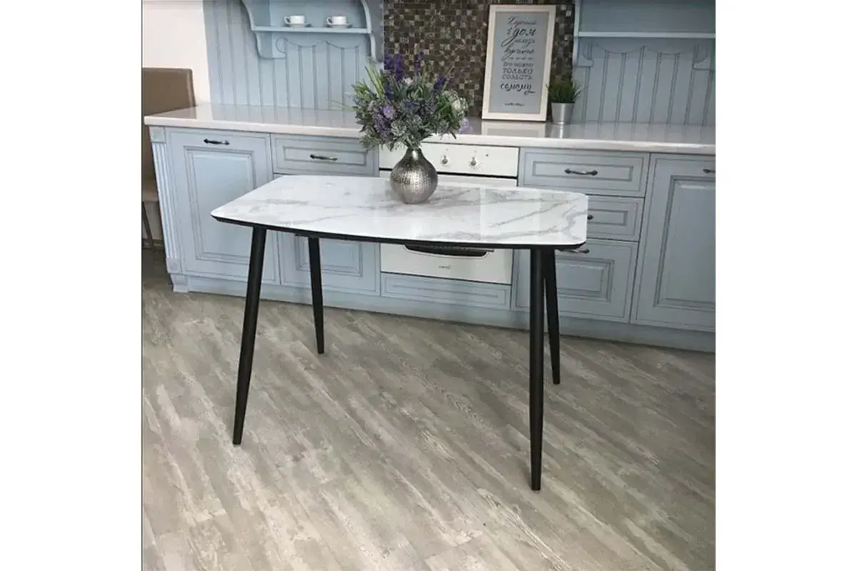 Стол обеденный Квин 1100(1500) (Стекло с фотопечатью Белый мрамор / МДФ Черный кварц / металл черный) - купить в Озерце