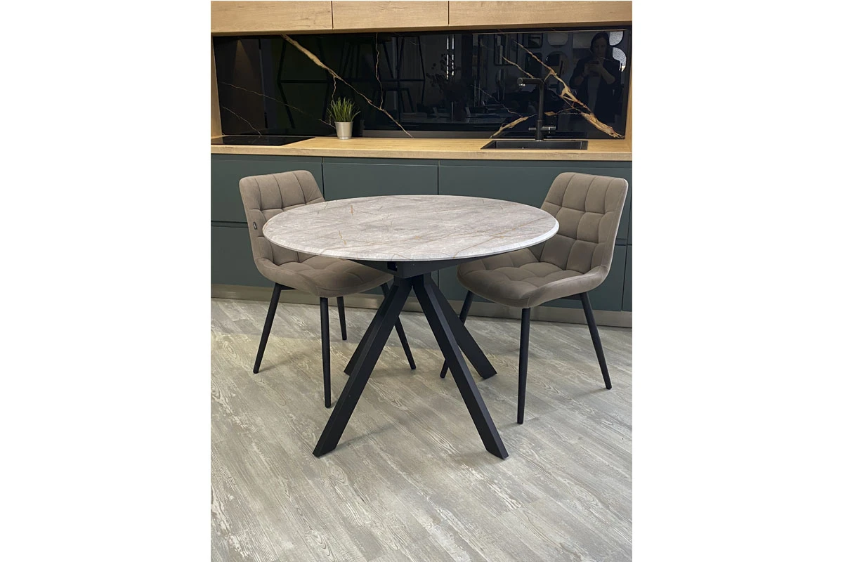 Стол обеденный Москва (d 1000/вставка 400/Бабочка/МДФ Византийский Мрамор/Металл черный) - купить в Озерце