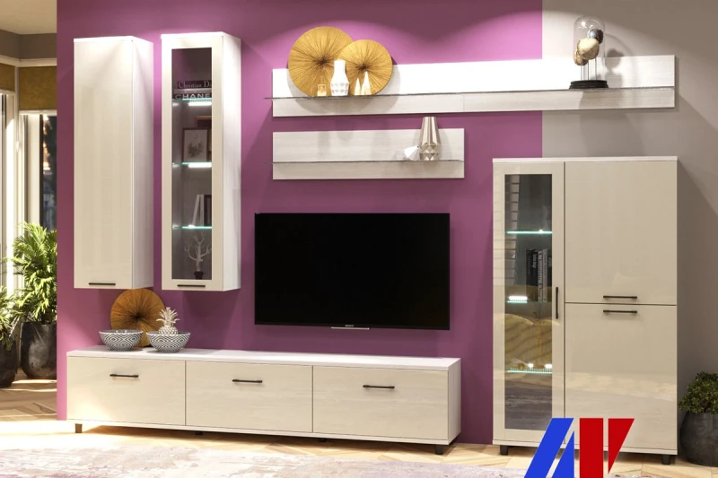 Гостиная Грейс комплект 8 (Снежный Ясень/Кашемир Глянцевый) — Мебель-центр Озерцо