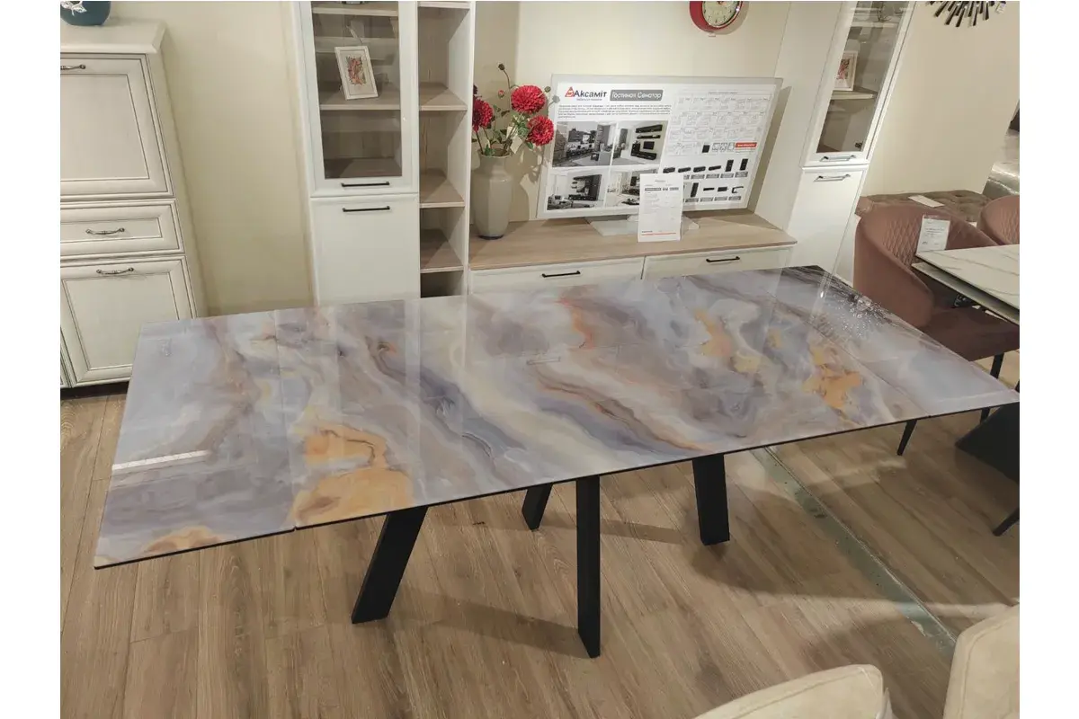 Стол обеденный Нео-2 1400(2000) (ст. №2/Стекло Оптивайт с фотопечатью Кианит/МДФ черный кварц/Черная/Металл черный) - купить в Озерце