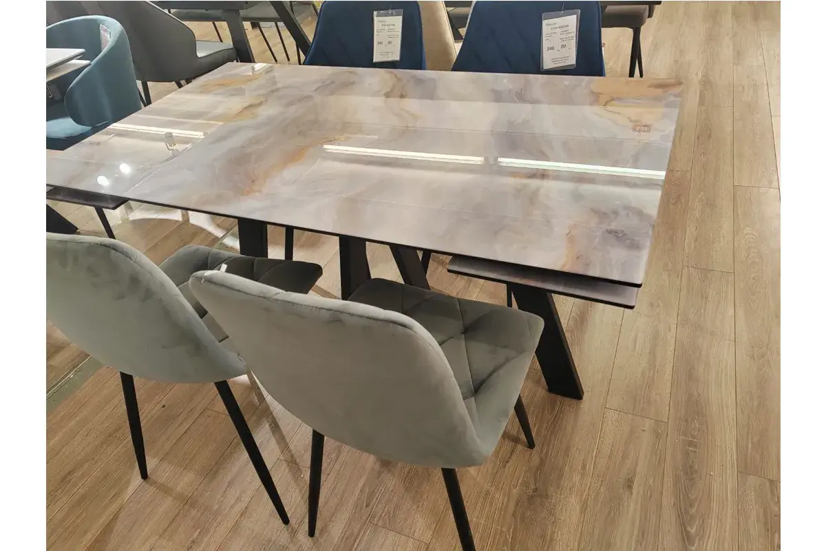 Стол обеденный Нео-2 1400(2000) (ст. №2/Стекло Оптивайт с фотопечатью Кианит/МДФ черный кварц/Черная/Металл черный) - купить в Озерце