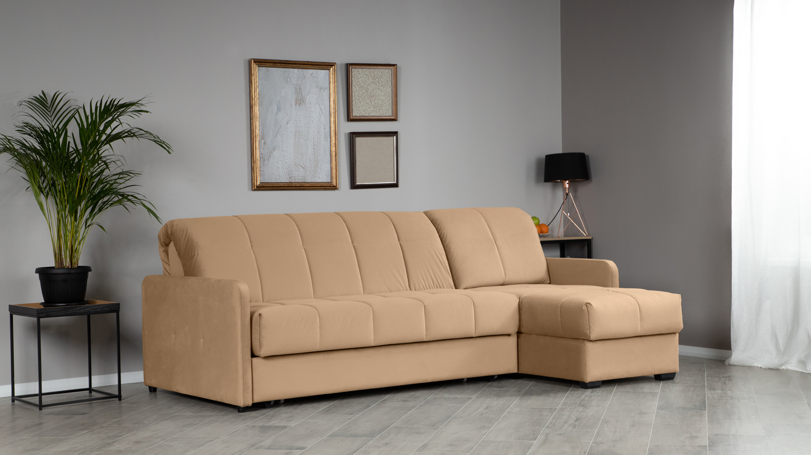 Диван угловой Domo Pro с узкими подлокотниками, стежка квадрат, ткань Casanova Beige 160x216 — купить в Озерце