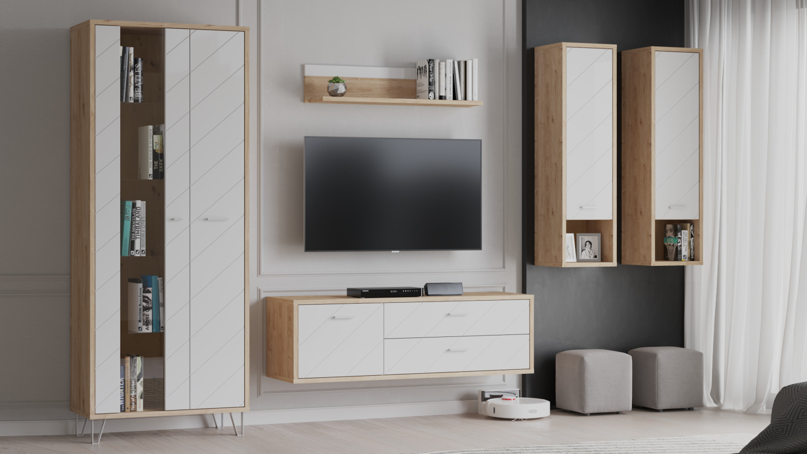 Тумба двухдверная с 2 ящиками Agira 42x180.5, цвет Гикори кингстон+Белый блеск — купить в Озерце