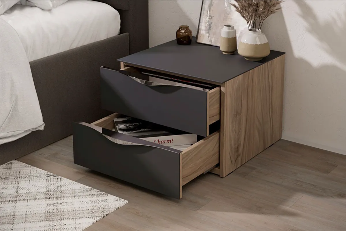 Тумба прикроватная с 2 ящиками Глосс ТД-319.03.01 (Яблоня Беллуно/Cтекло/Графит матовый) — Мебель-центр Озерцо