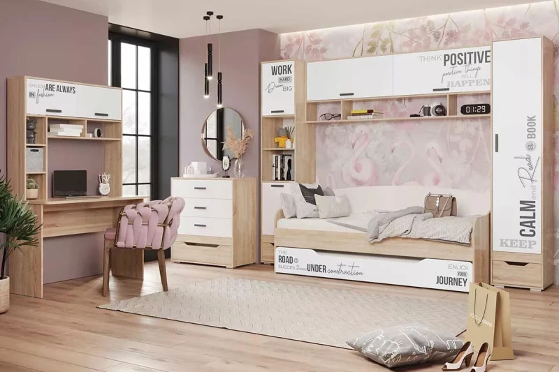 Подростковая Джуниор №3 (Дуб Сонома/Белый/Фотопечать) — Мебель-центр Озерцо