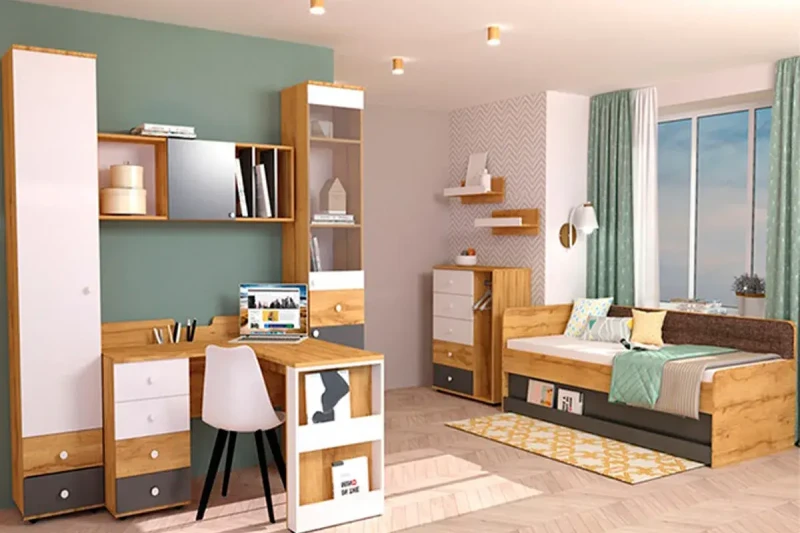 Детская Лойс №1 (Дуб золотистый/Белый/Графит) — Мебель-центр Озерцо