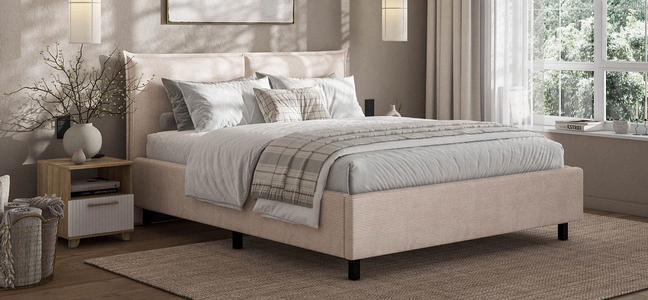 Кровать ЛЕО 160 Вельвет CORD бежевая - купить в Озерце