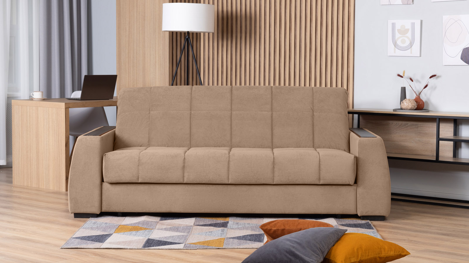 Диван - кровать Domo Pro с полками цвета венге, стежка квадрат, ткань Casanova Stone 160x216 — в мебель-центре Озерцо