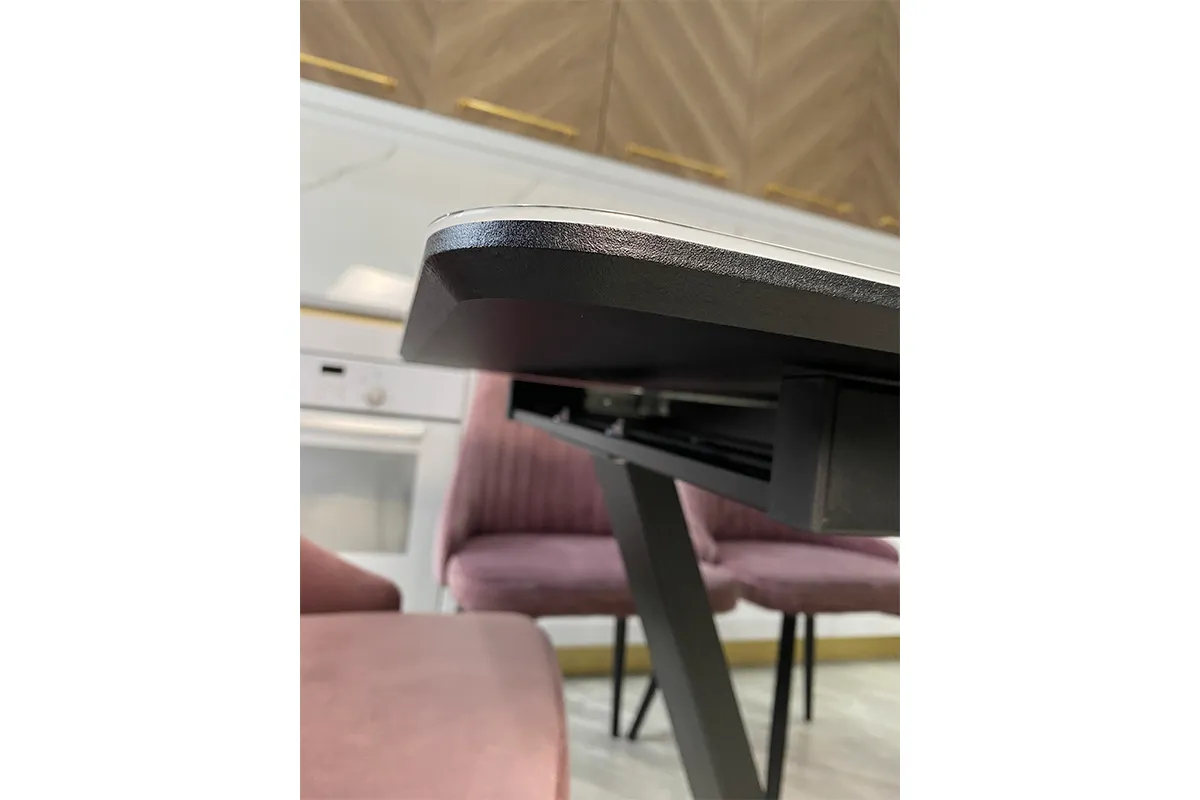 Стол обеденный Луи 1200(1600) (Стекло Оптивайт с фотопечатью Обсидан / МДФ черная шагрень / Металл черный) - купить в Озерце