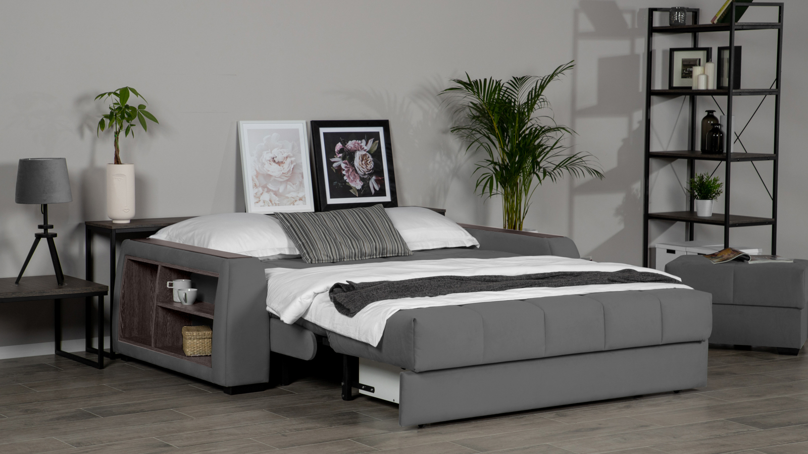 Диван - кровать Domo Pro с полками цвета венге, стежка квадрат, ткань Sky Velvet 16 140x216 — купить в Озерце