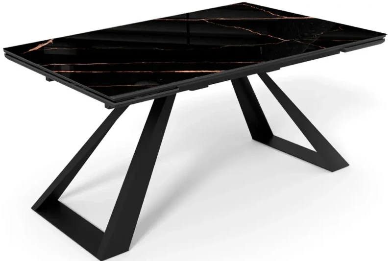 Стол обеденный Старк 1600(2200) (ст.№2 / Стекло с фотопечатью Обсидиан / МДФ Черный кварц / Рама черная / Металл черный) - купить в Озерце