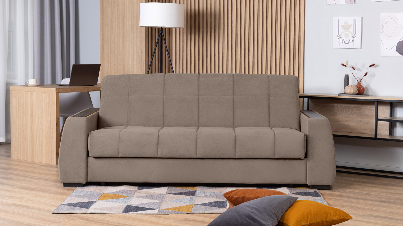 Диван - кровать Domo Pro с полками цвета венге, стежка квадрат, ткань Sky Velvet 17 180x216 — в мебель-центре Озерцо