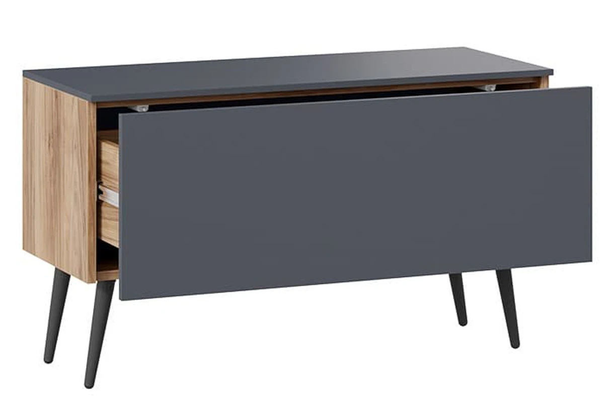 Тумба для теле- и радиоаппаратуры Порто СМ-393.03.012 с опорами (Яблоня Беллуно/Графит софт/Серый) — Мебель-центр Озерцо