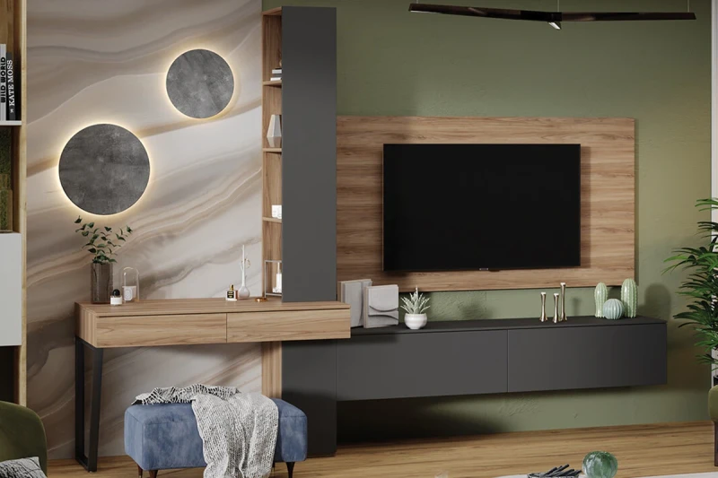 Гостиная Порто №8 ГН-393.008 (Яблоня Беллуно/Графит софт) — Мебель-центр Озерцо