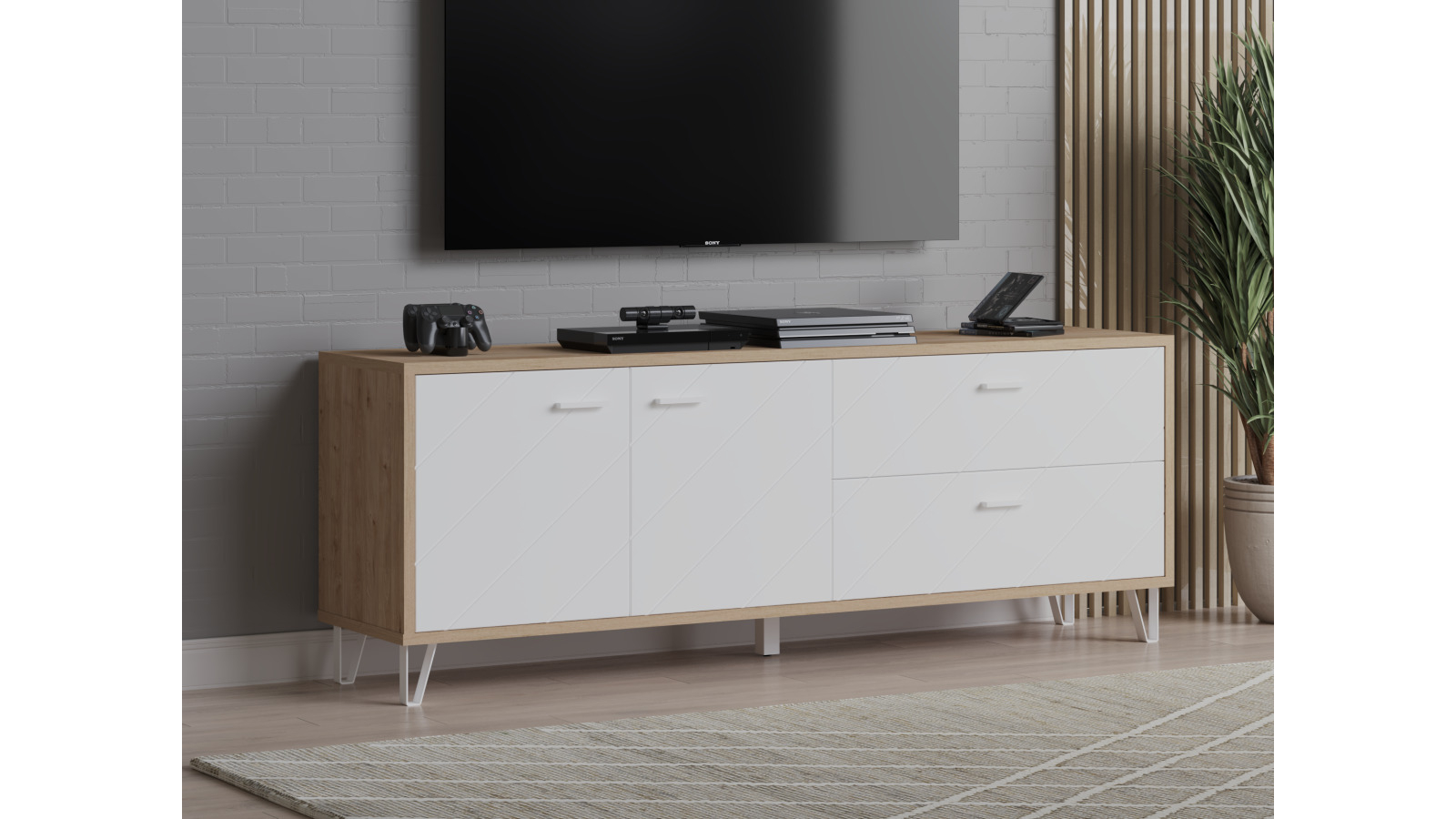 Тумба двухдверная с 2 ящиками Agira 42x180.5, цвет Гикори кингстон+Белый блеск — купить в Озерце